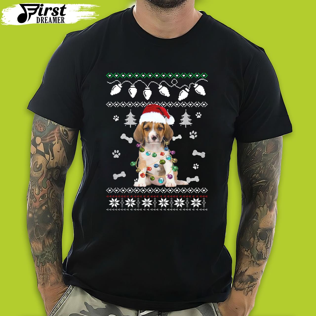 Beagle Dog Christmas Light Santa Hat Dog Christmas T-Shirt