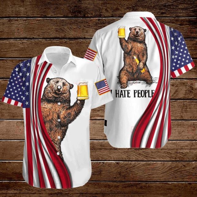 Bear And Beer American Flag   I Hate People Hawaiian Shirt