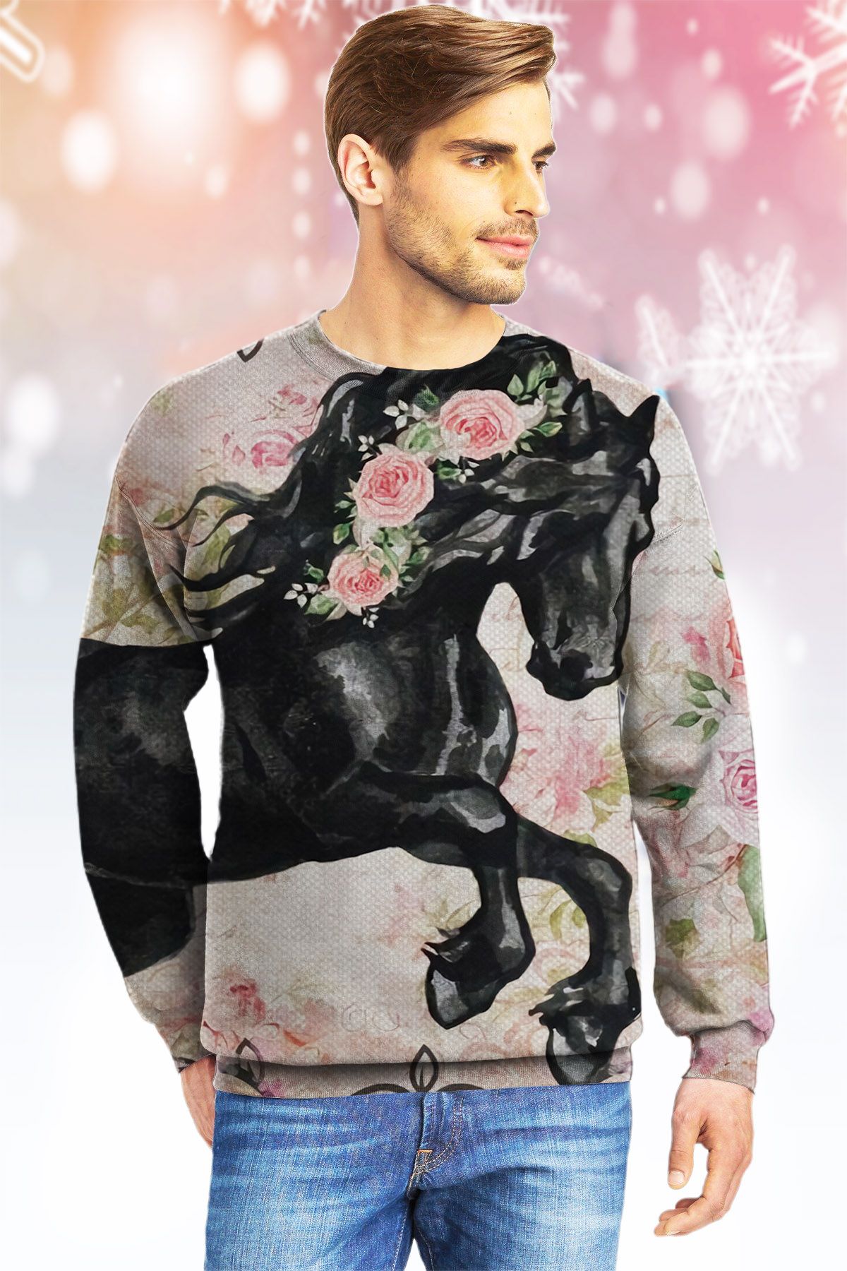 Beautiful Black Horse And Roses KVH Ugly Christmas Sweater|Crewneck Sweatshirts For Men & Women|Merry Christmas- Best Christmas Gifts 2023