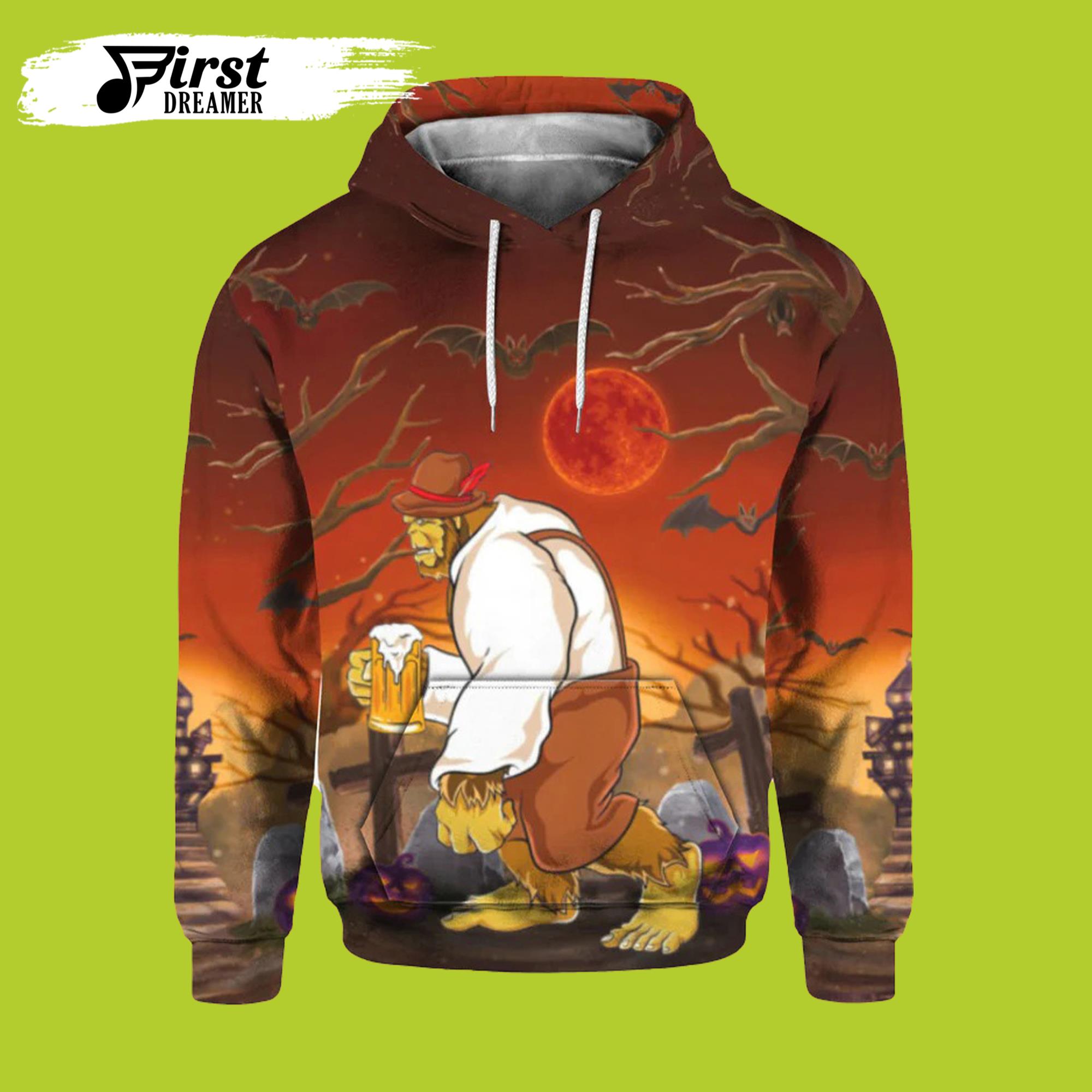 Bigfoot Trick Or Beer Halloween 3D Beer Hoodies