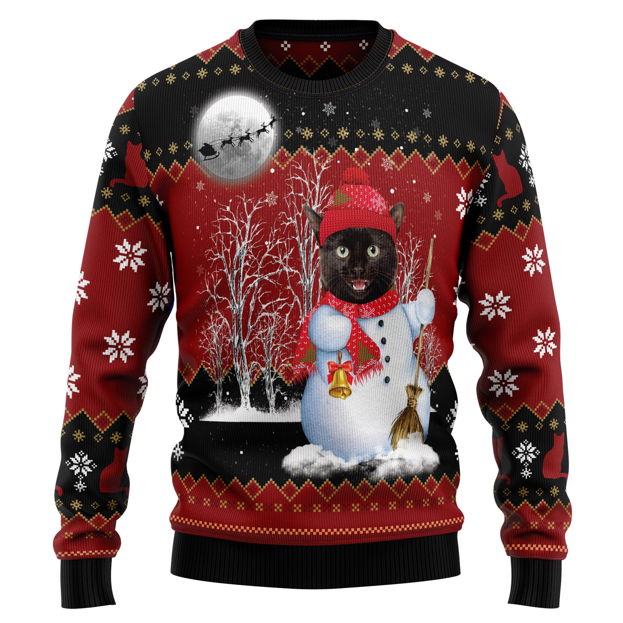 Black Cat Snowman T210 Ugly Christmas Sweater- Best Christmas Gifts 2023