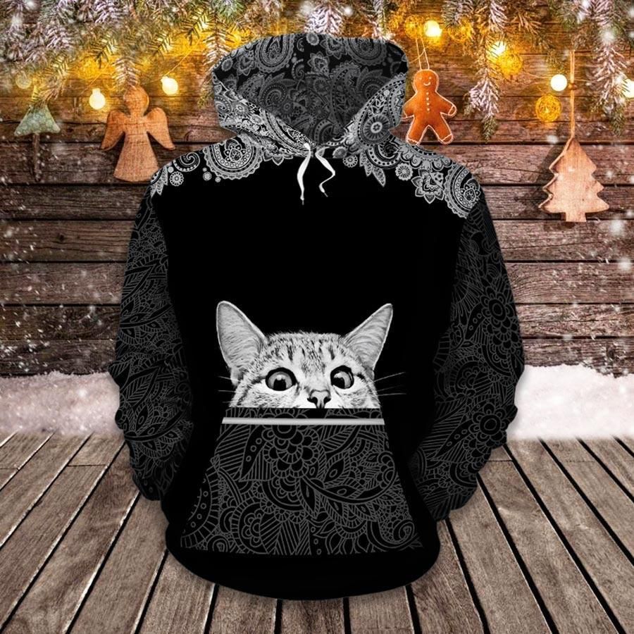 Cat Mandala Black White 3D Hoodie