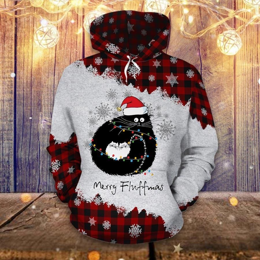 Cat Merry Fluffmas Cartoon Red Plaid Cat Lover Cat Shirt Cat Fashion Grey 3D Hoodie