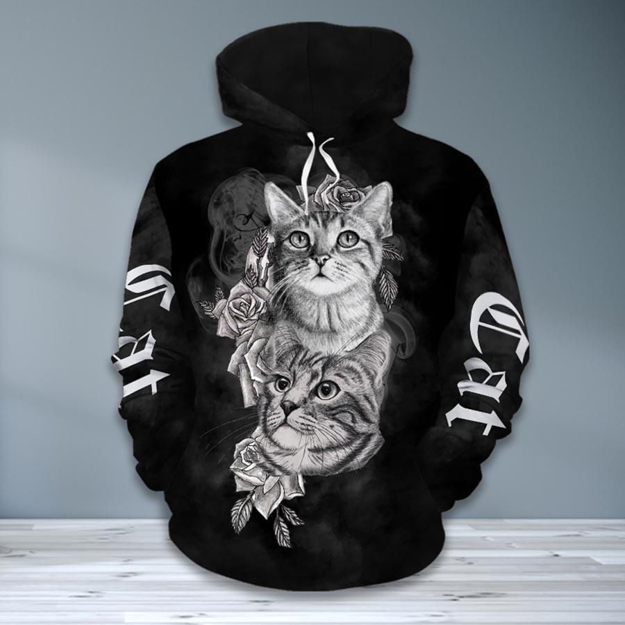 Cat Rose Black 3D Hoodie