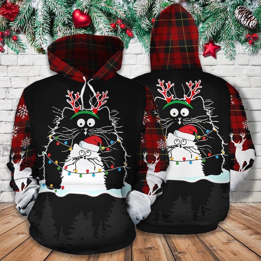 Christmas Cat Red Plaid 3D Hoodie