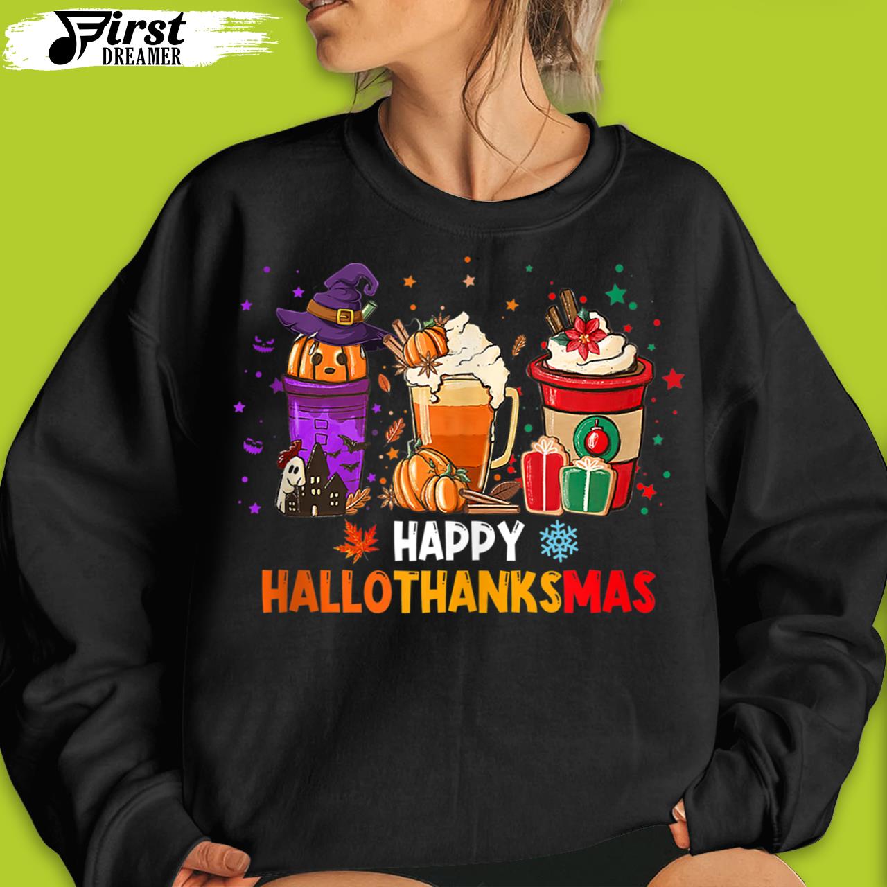 Coffee Pumpkin Spice Latte Happy Hallothanksmas Funny Thanksgiving T-Shirt