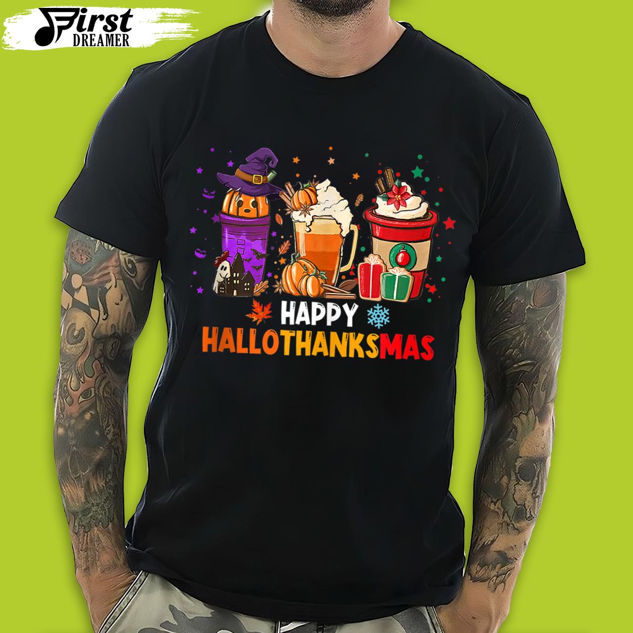 Coffee Pumpkin Spice Latte Happy Hallothanksmas Funny Thanksgiving T-Shirt