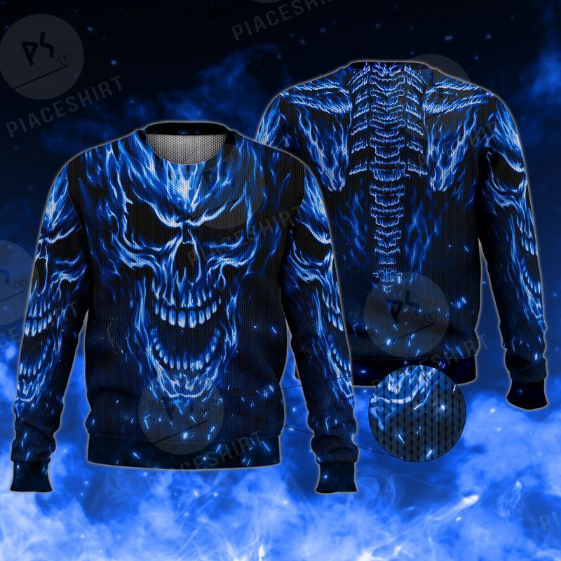 Cool Blue Flame Skull For Skull Lovers Ugly Christmas Sweater- Best Christmas Gifts 2023