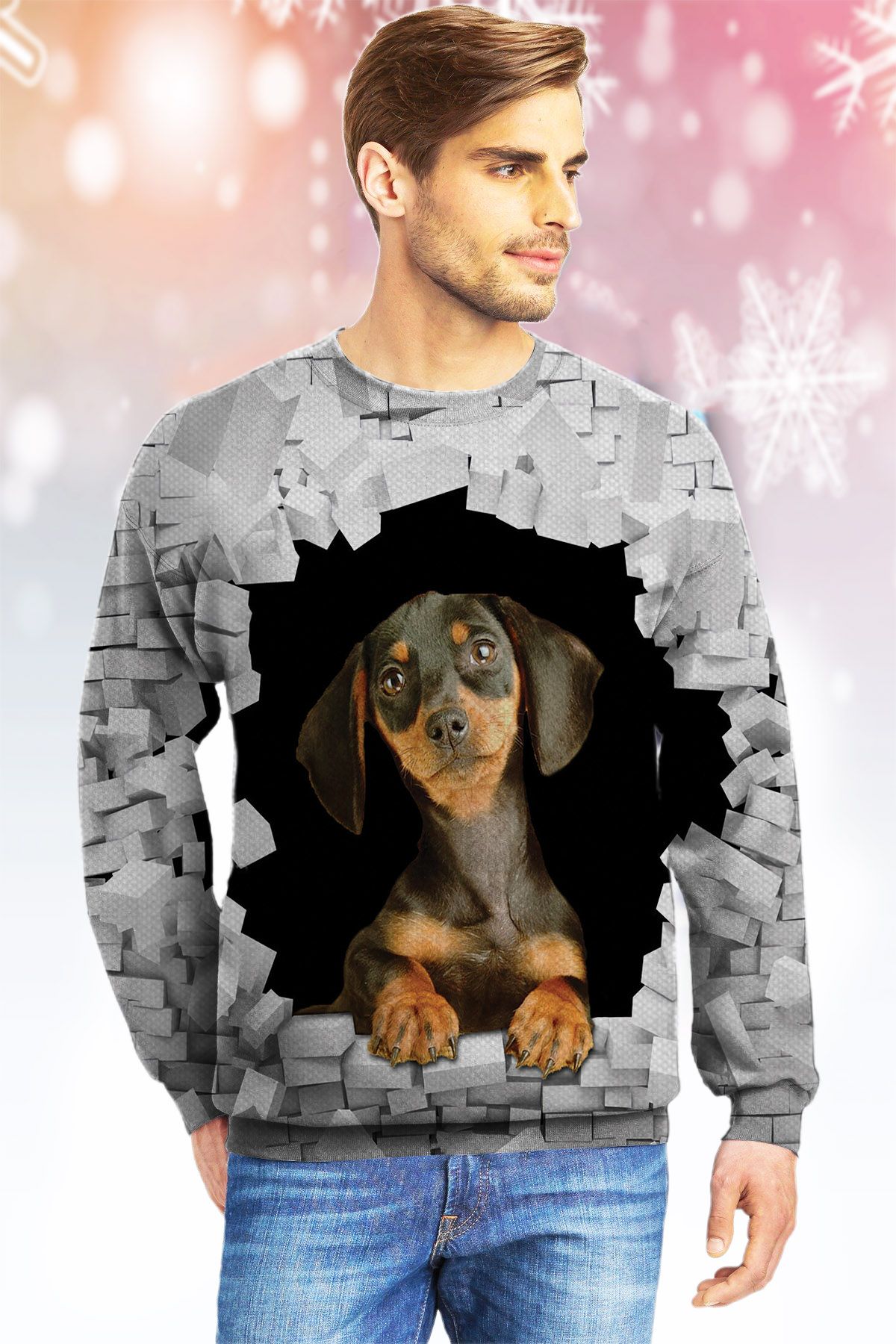 Dachshund Breaking Wall KVH Ugly Christmas Sweater|Crewneck Sweatshirts For Men & Women|Merry Christmas- Best Christmas Gifts 2023