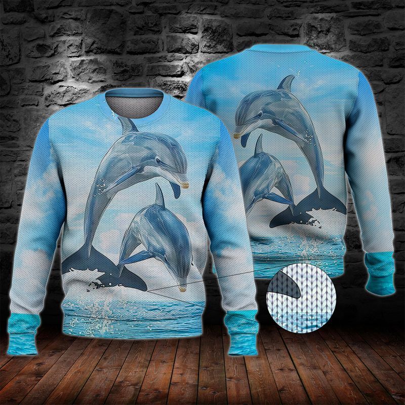 Dolphin Ocean Blue Sky Ugly Christmas Sweater- Best Christmas Gifts 2023