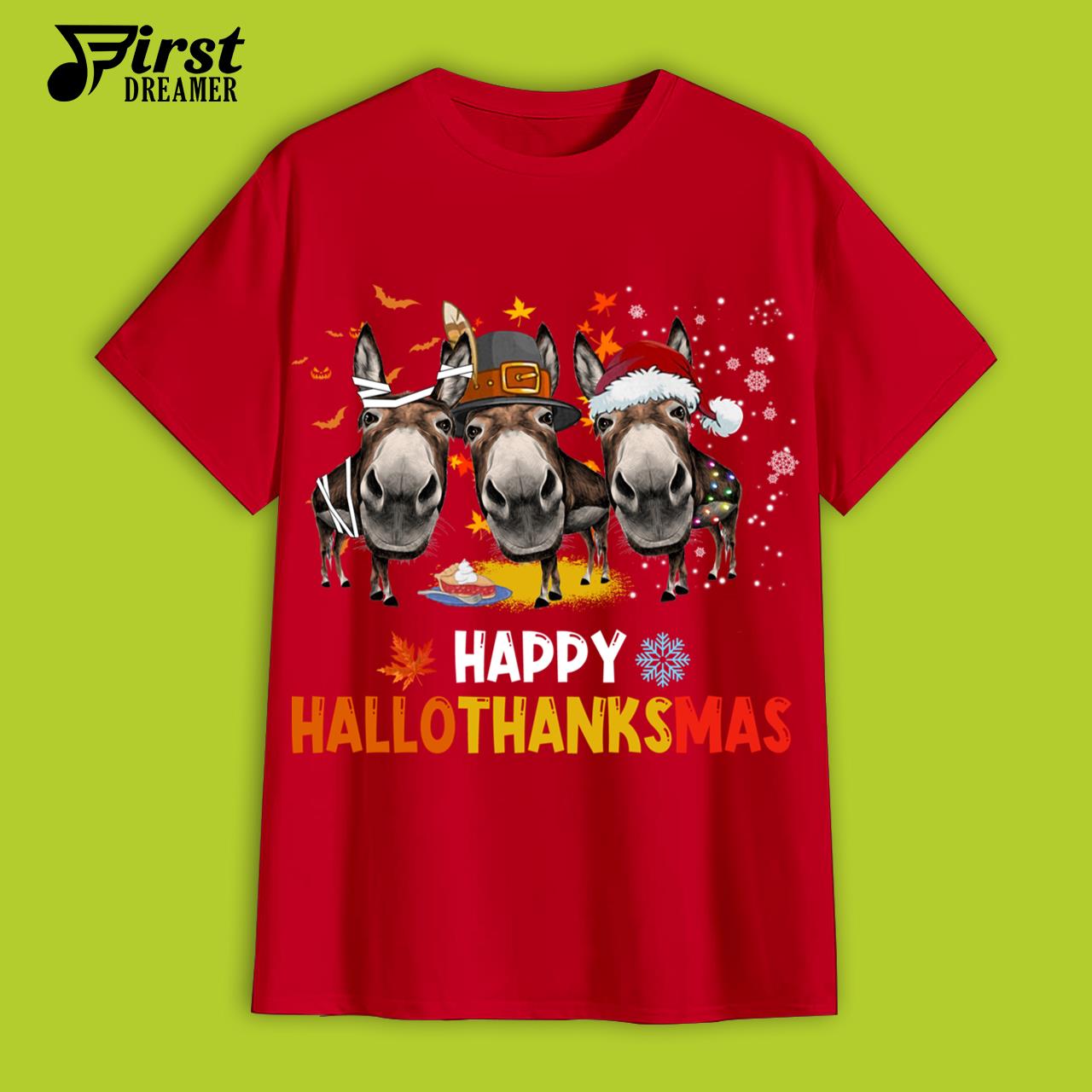 Donkey Happy HalloThanksMas Halloween Thanksgiving Christmas T-Shirt