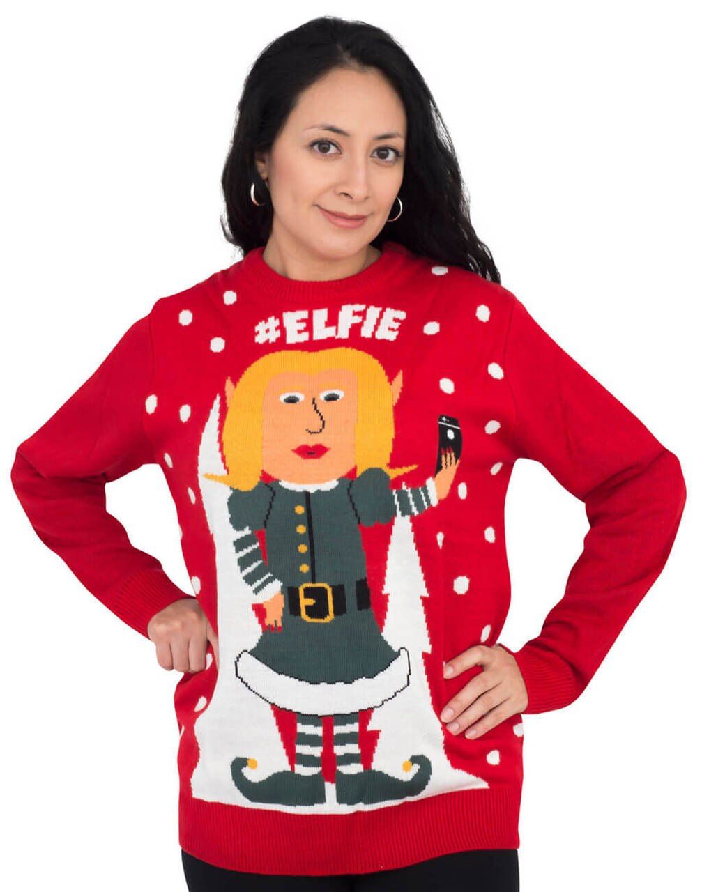 Elfie Hashtag Womens Elf With Snowflakes Christmas Ugly Christmas Sweater- Best Christmas Gifts 2023