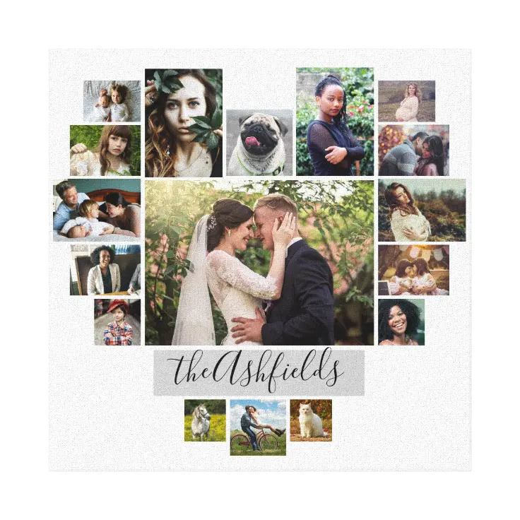 Family Photo Collage Heart 17 Pictures Name White Canvas Print