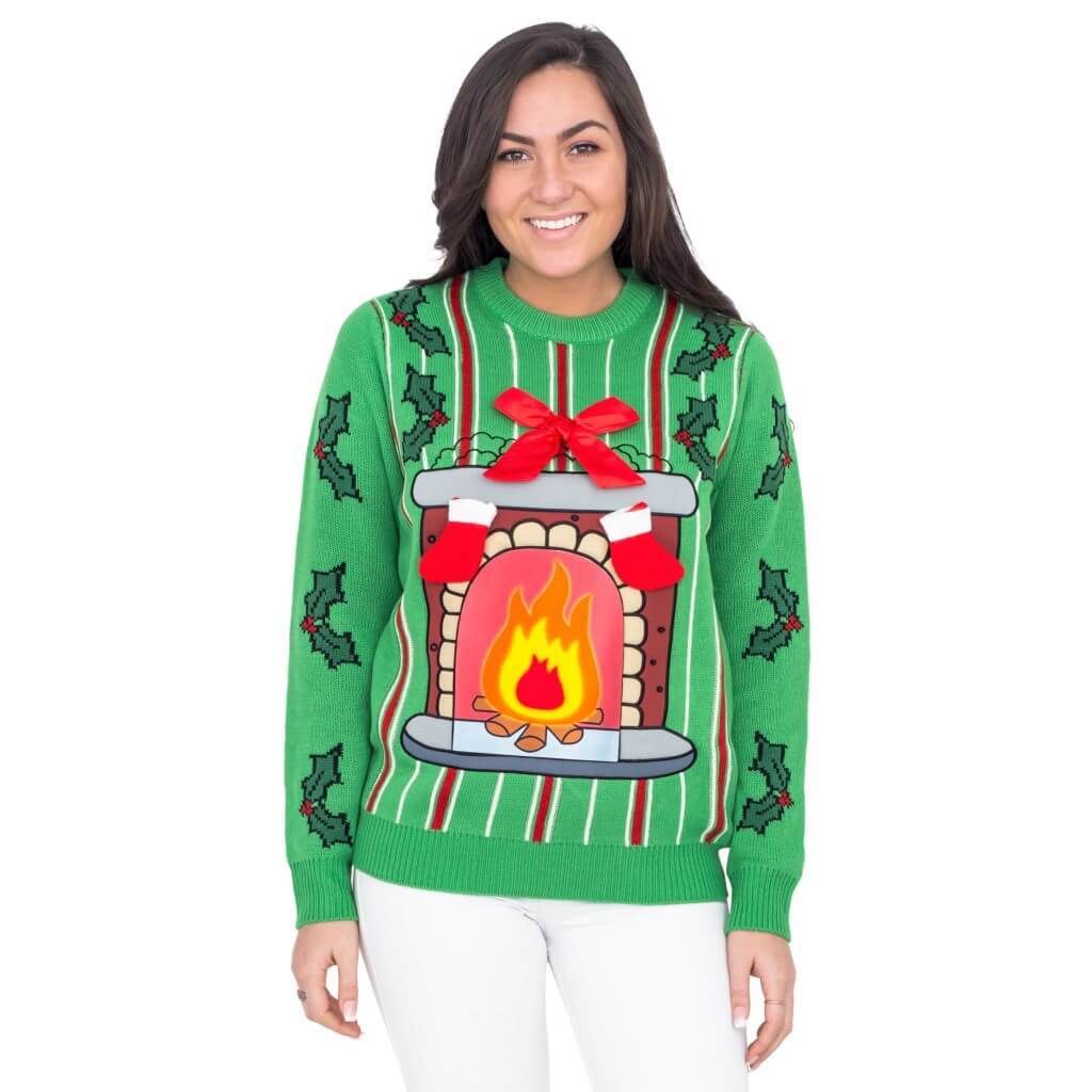 Fireplace Led Light Up Green  Ugly Christmas Sweater – Best Christmas Gifts 2023