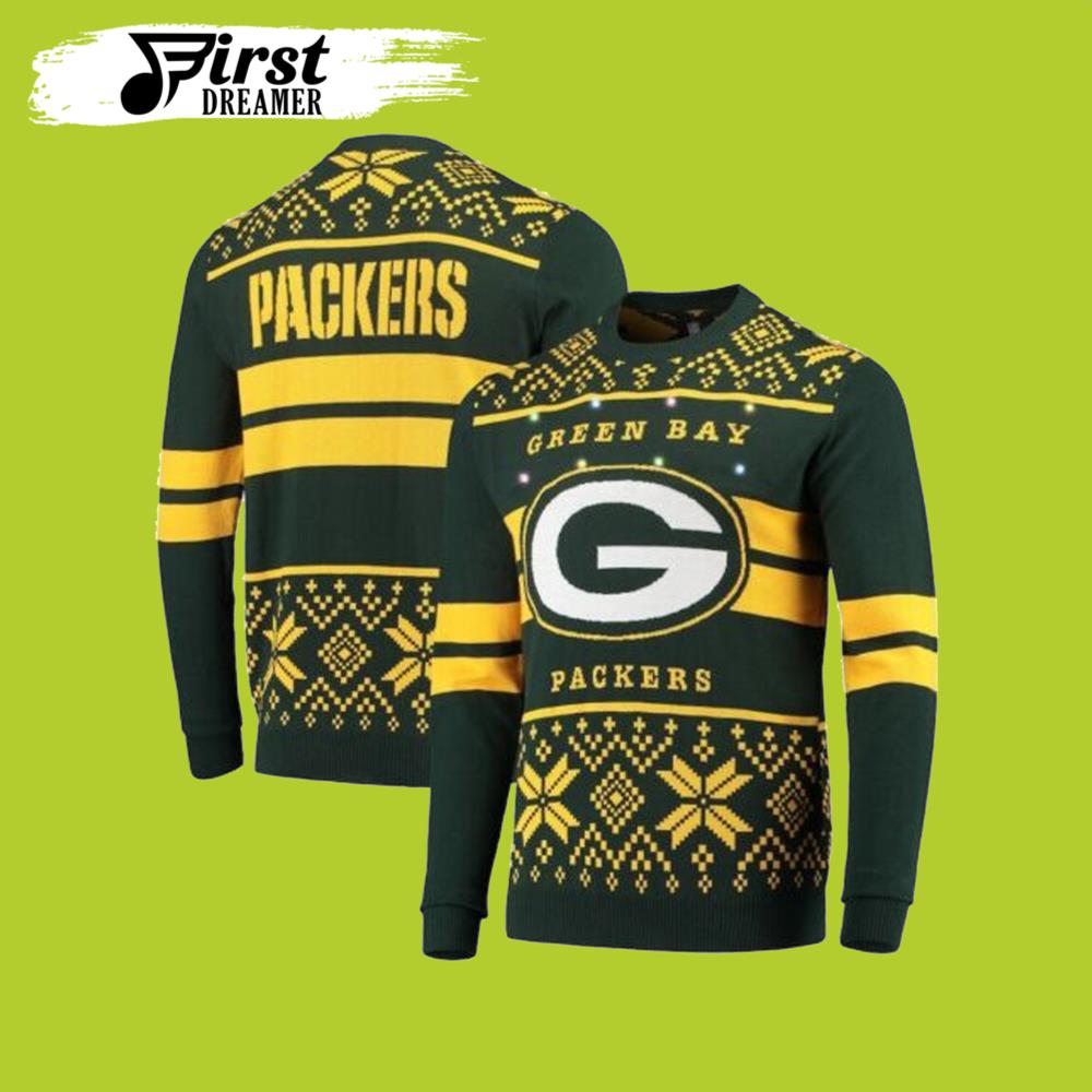 Gold Light Up Green Bay Packers Ugly Christmas Sweater- Best Christmas Gifts 2023