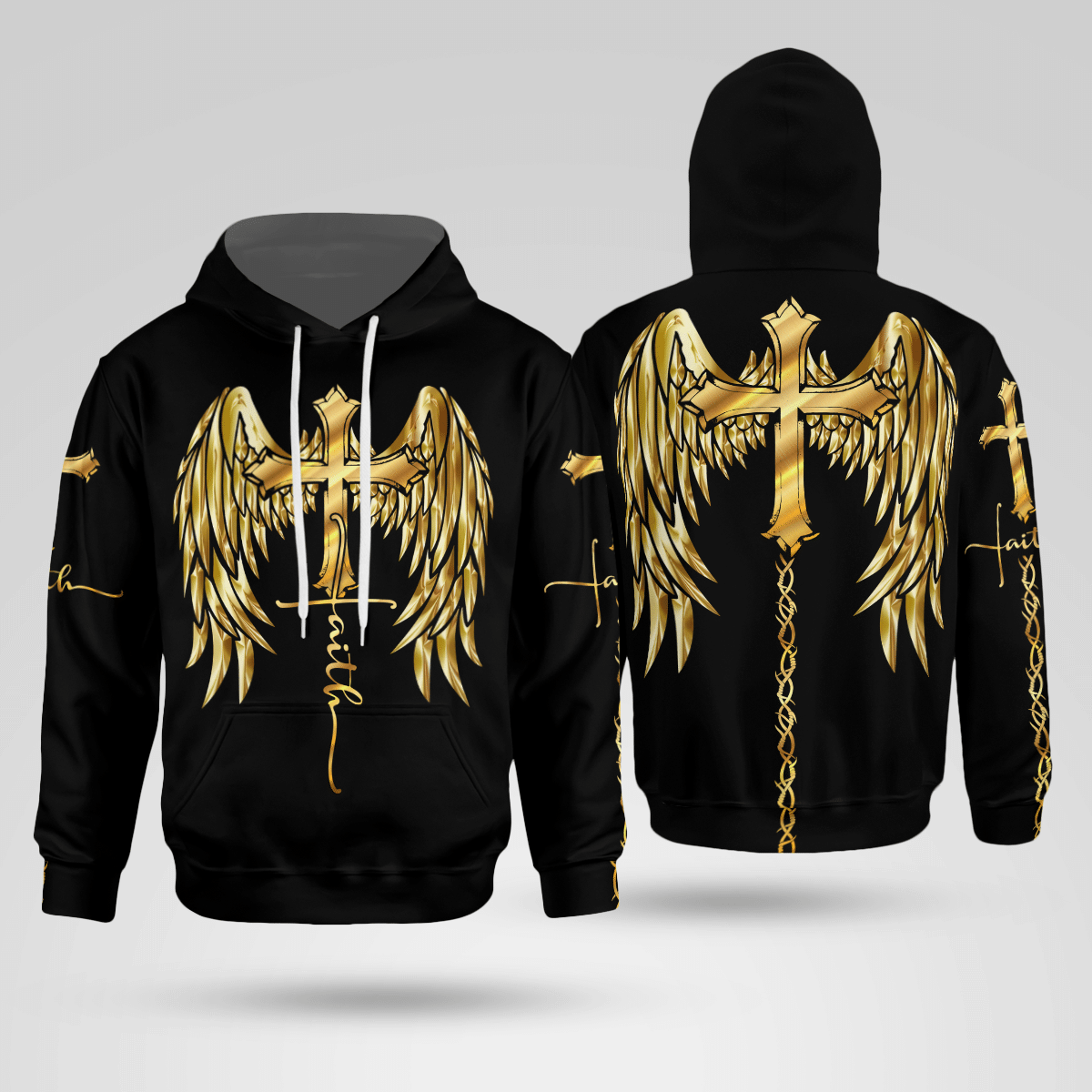 Golden Faith Cross Wings Jesus 3D Hoodie