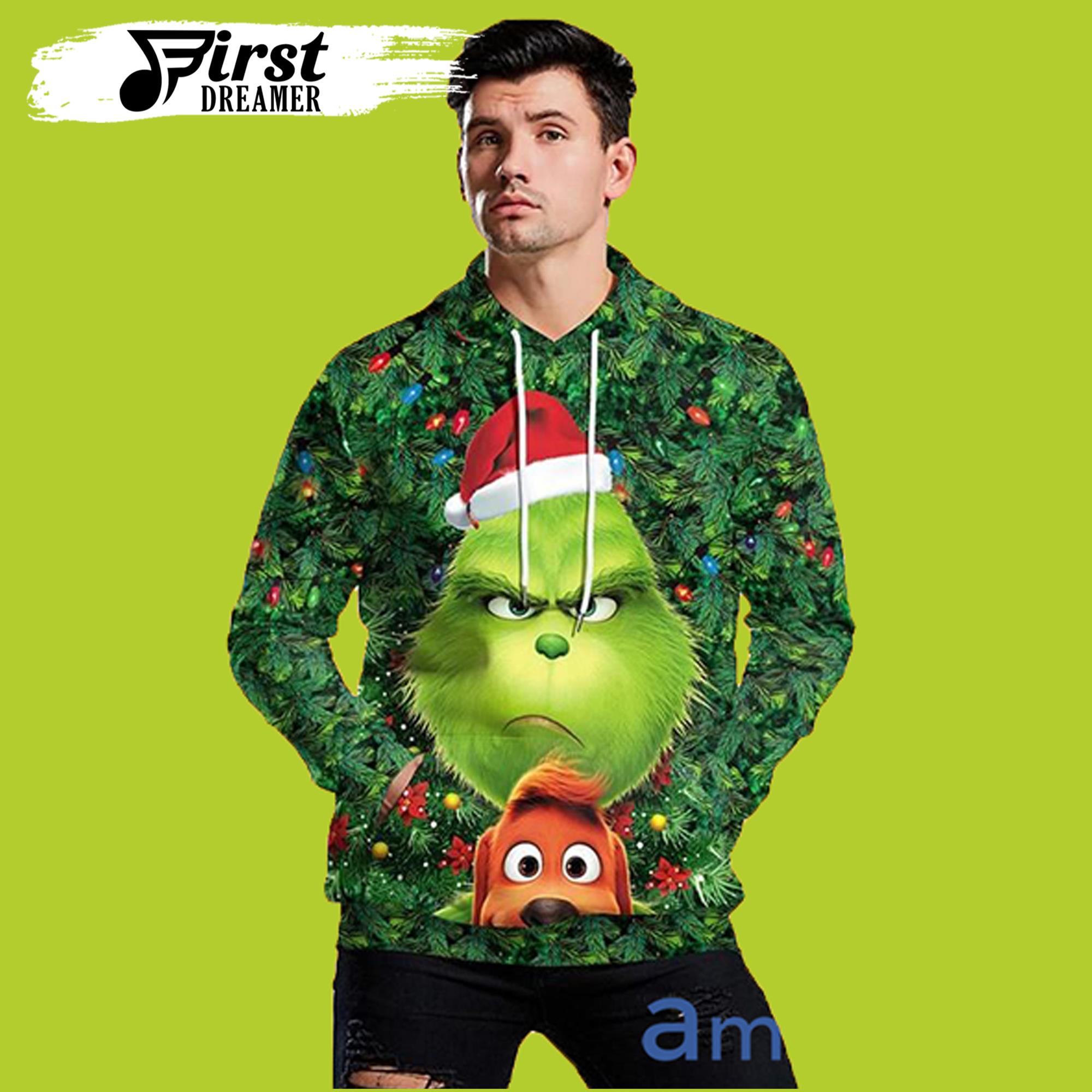 Green Monster Grinch And Dog Christmas Tree Background Grinch 3D Hoodie