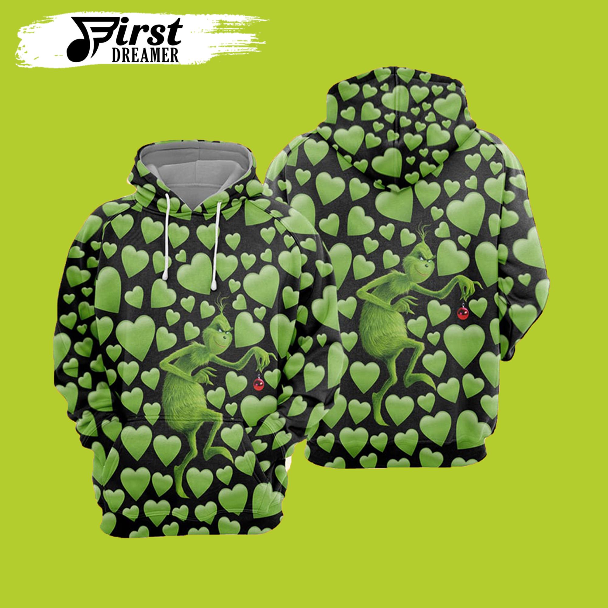 Grinch And Green Heart Pattern Christmas Grinch 3D Hoodie