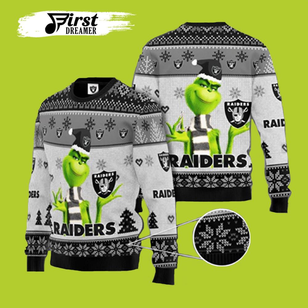 Grinch Raiders Black & White Raiders Ugly Christmas Sweater – Best Christmas Gifts 2023