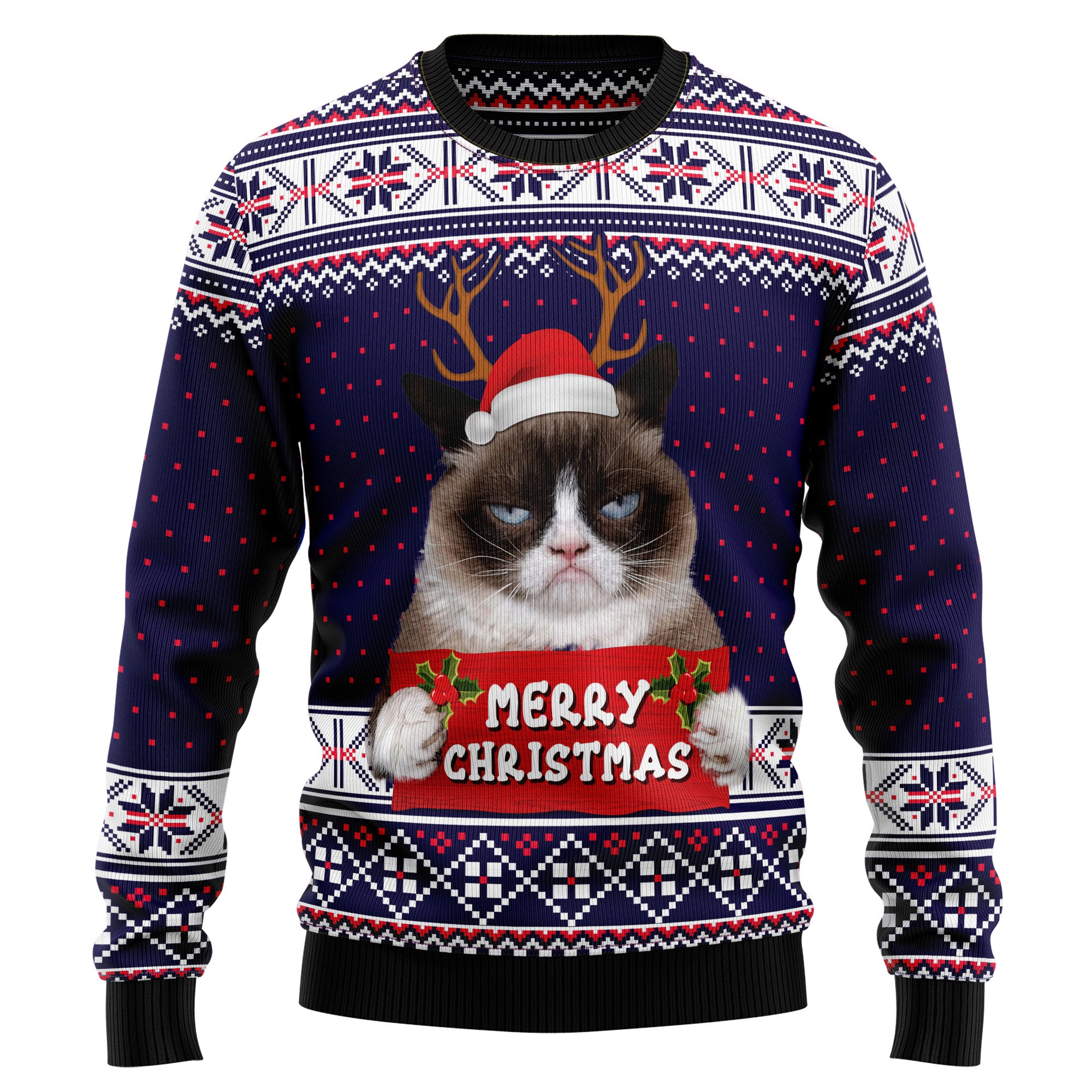 Grumpy Cat Merry Christmas Xmas Santa Hat HZ112315 Ugly Christmas Sweater- Best Christmas Gifts 2023