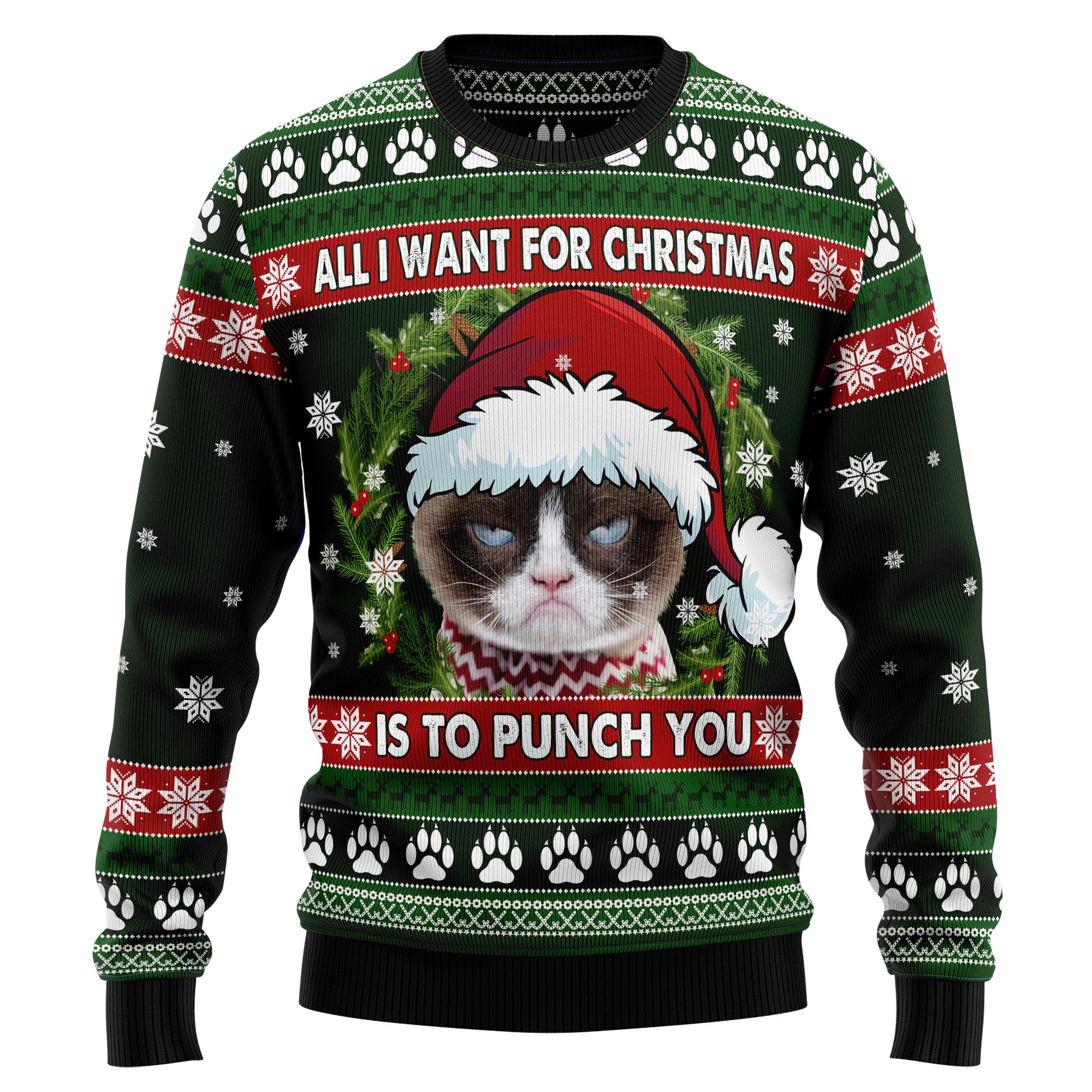 Grumpy Cat Punch You TY2010 Ugly Christmas Sweater- Best Christmas Gifts 2023