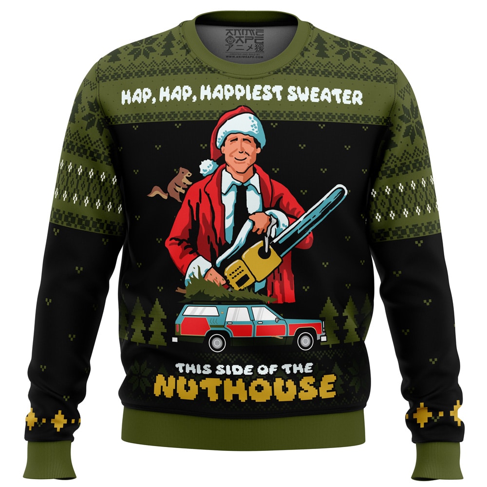 Hap, Hap, Happiest Sweater this Side of the Nuthouse National Lampoon’s Christmas Vacation Ugly Christmas Sweater- Best Christmas Gifts 2023