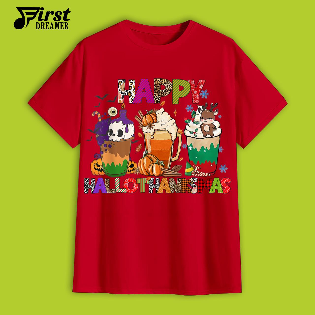 Happy Hallothankmas Coffee Halloween Thanksgiving Christmas T-Shirt