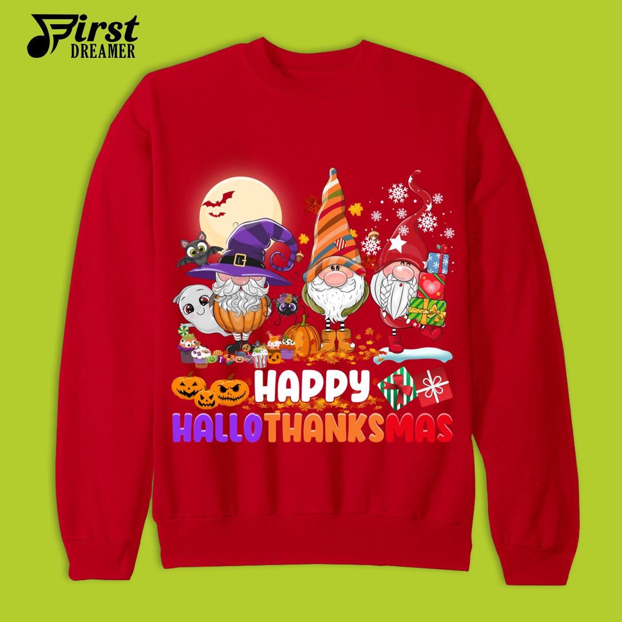 Happy Hallothanksmas Gnomes Halloween Thanksgiving Christmas T-Shirt