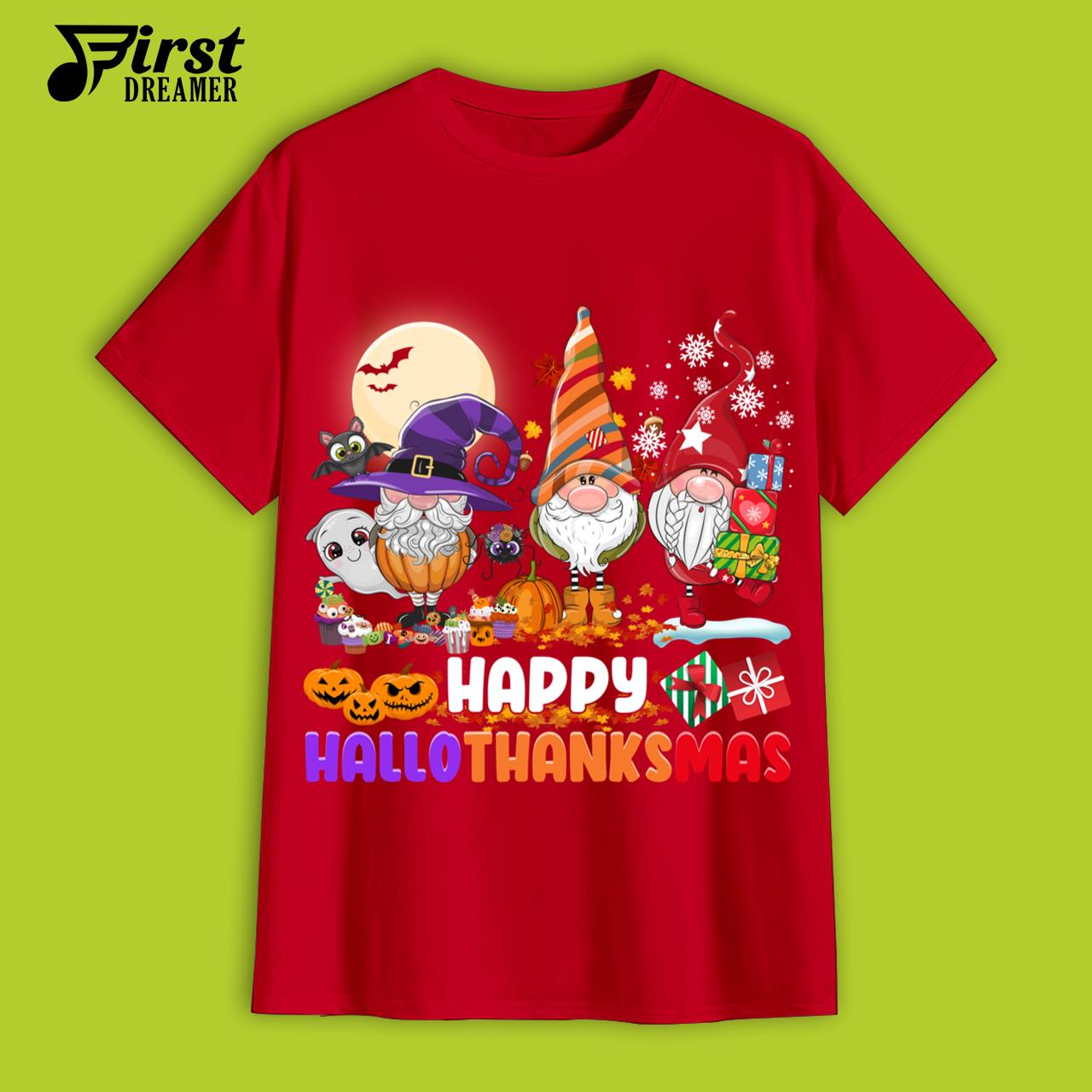 Happy Hallothanksmas Gnomes Halloween Thanksgiving Christmas T-Shirt