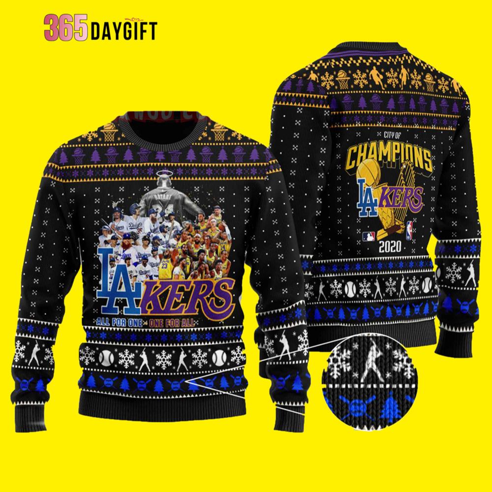LA Dodgers And Lakers All Team City Of Champions Lakers Ugly Christmas Sweater- Best Christmas Gifts 2023