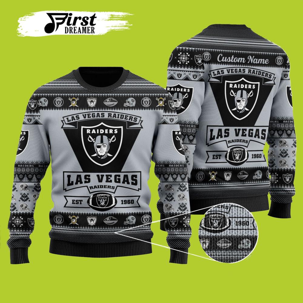 Las Vegas Raiders Football Team Logo Custom Name Personalized Raiders Ugly Christmas Sweater- Best Christmas Gifts 2023 Las Vegas Raiders Football Team Logo Custom Name Personalized Raiders Ugly Christmas Sweater- Best Christmas Gifts 2023