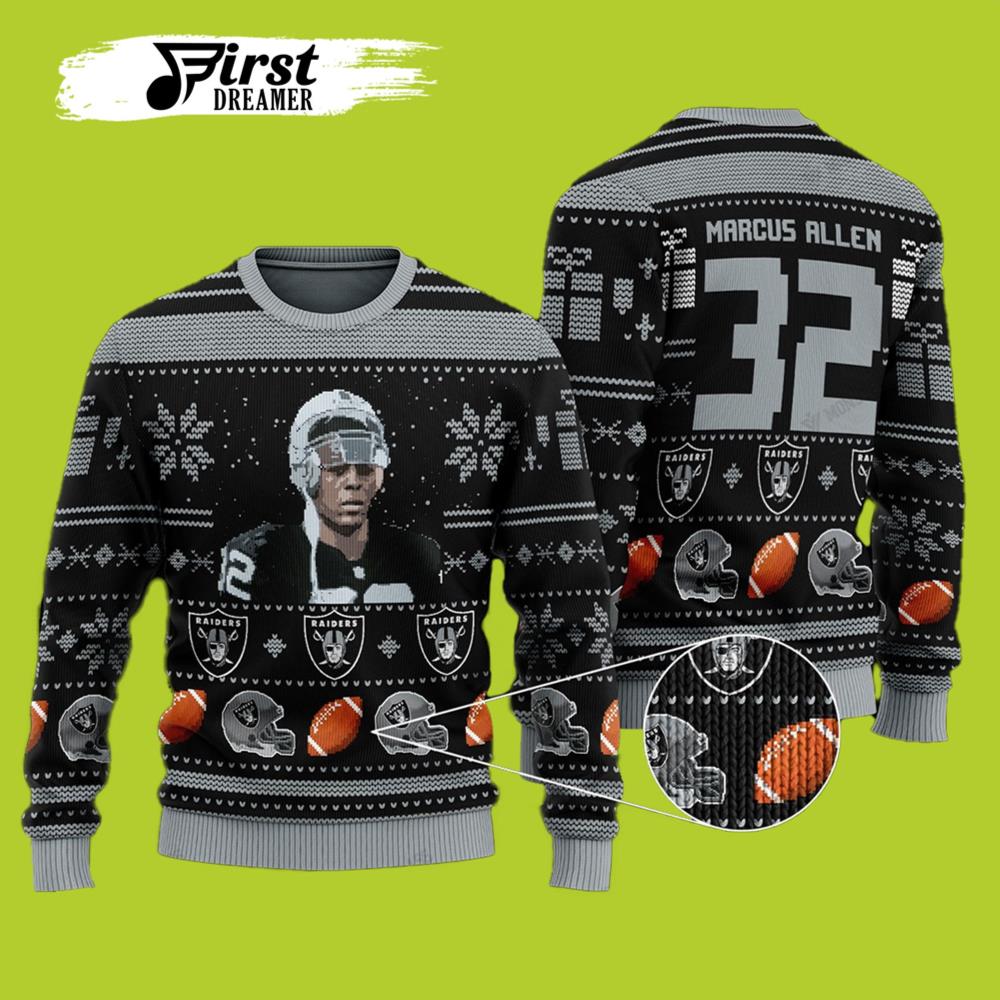 Marcus Lemarr Allen 32 Nfl Raiders Ugly Christmas Sweater- Best Christmas Gifts 2023