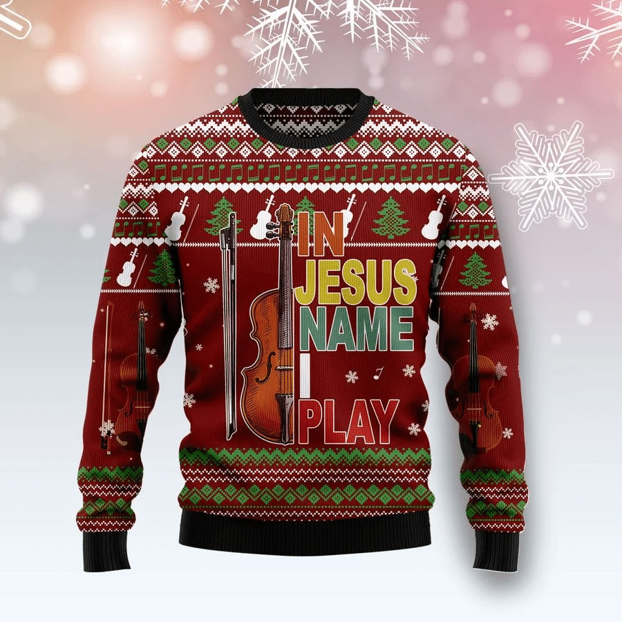 Music In Jesus Name I Play Violin Ugly Christmas Sweater – Best Christmas Gifts 2023