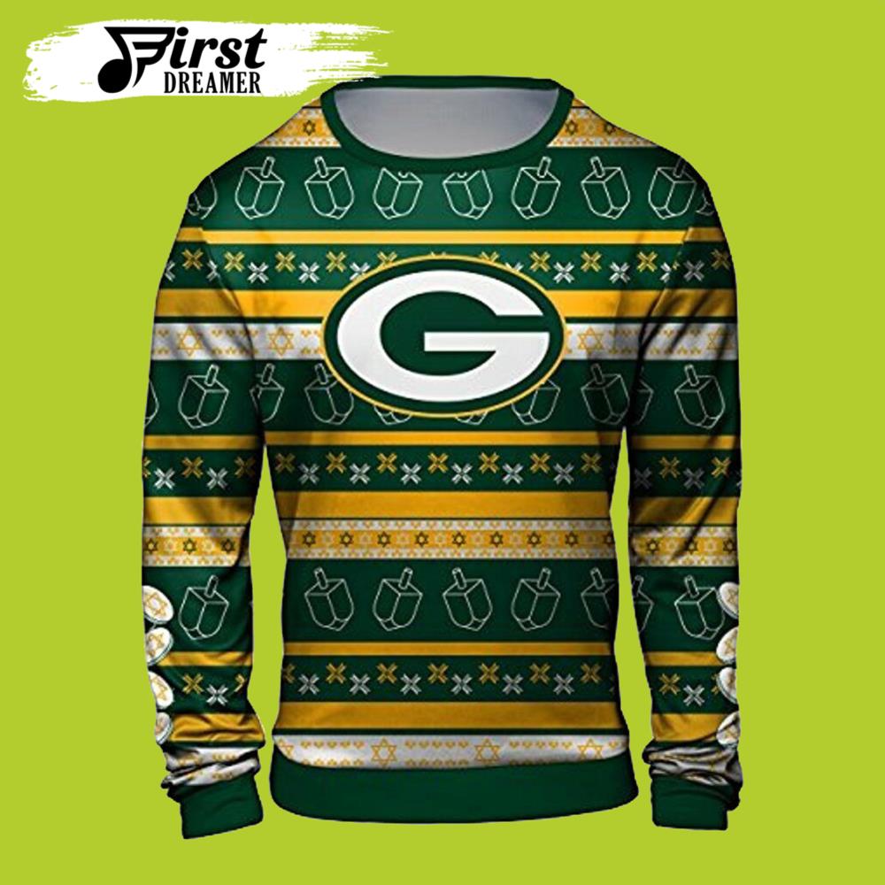 NFL Men’s Hanukkah Green Bay Packers Ugly Christmas Sweater Crew Neck Sweater- Best Christmas Gifts 2023