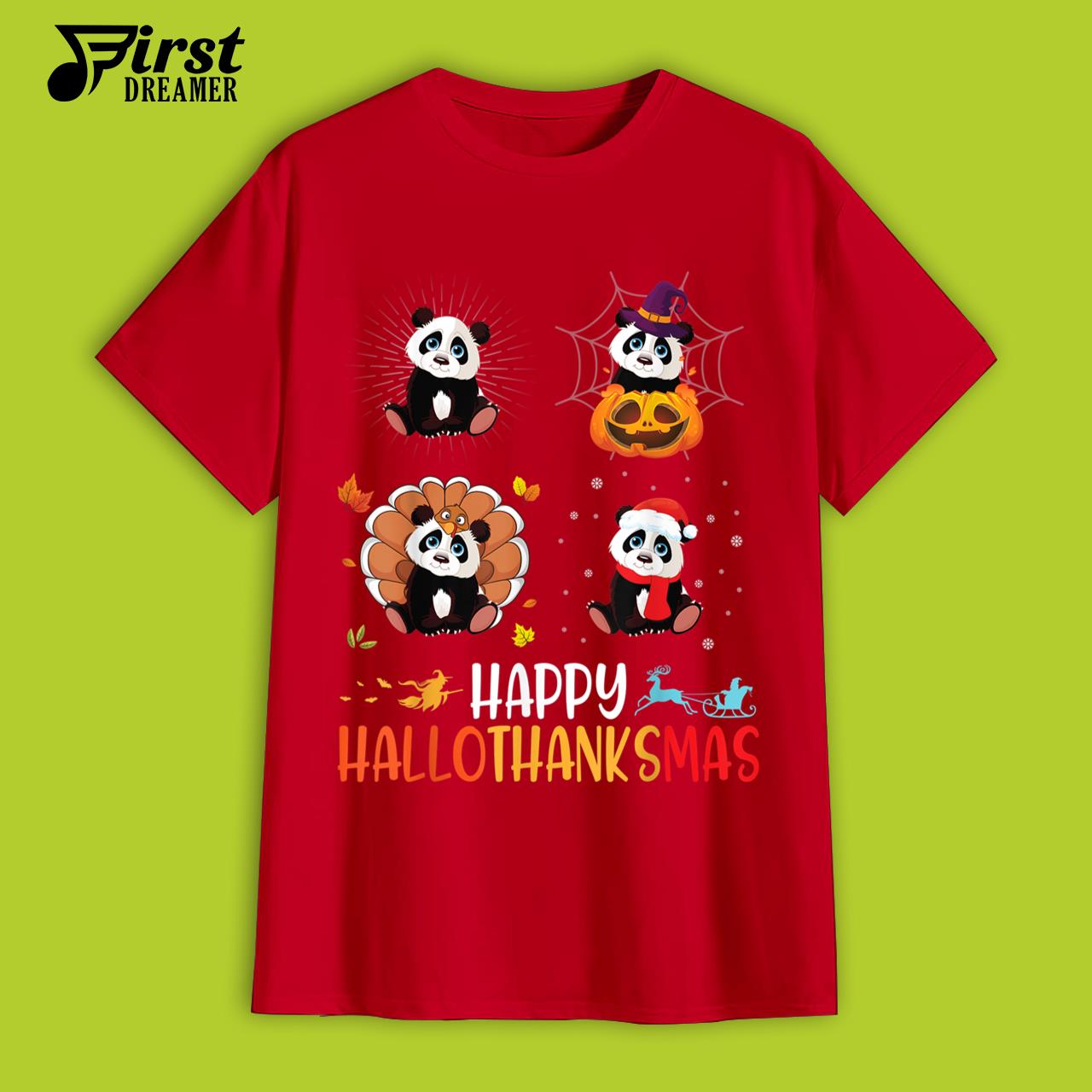 Panda Happy Hallothanksmas Halloween Thanksgiving Christmas T-Shirt