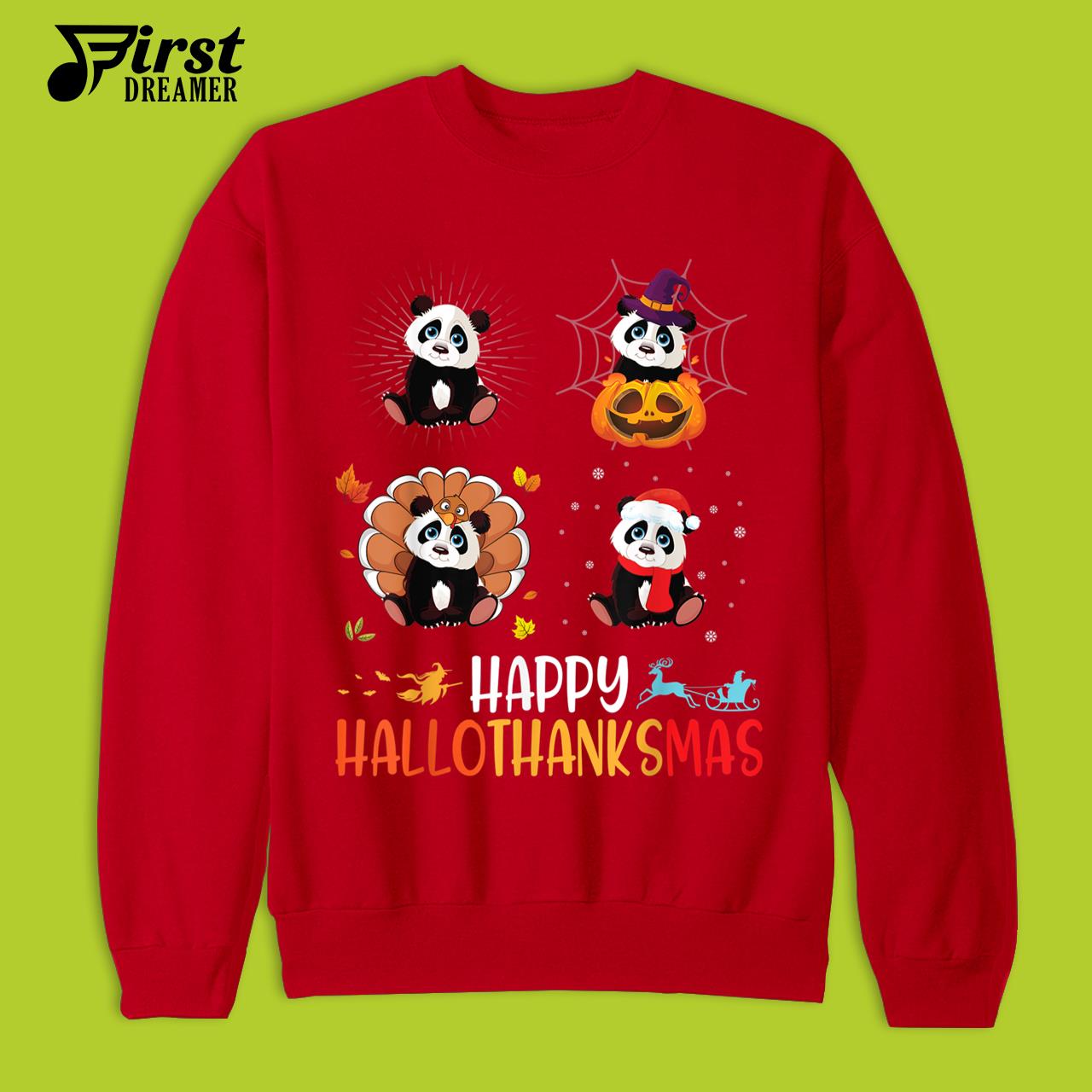 Panda Happy Hallothanksmas Halloween Thanksgiving Christmas T-Shirt