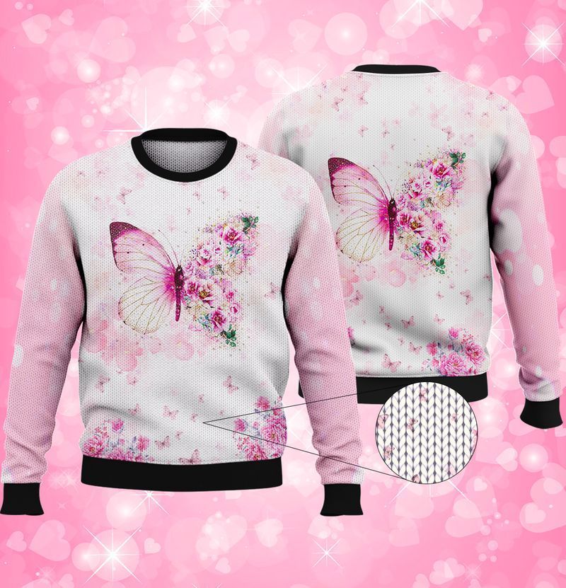 Pink Butterfly Floral Ugly Christmas Sweater- Best Christmas Gifts 2023