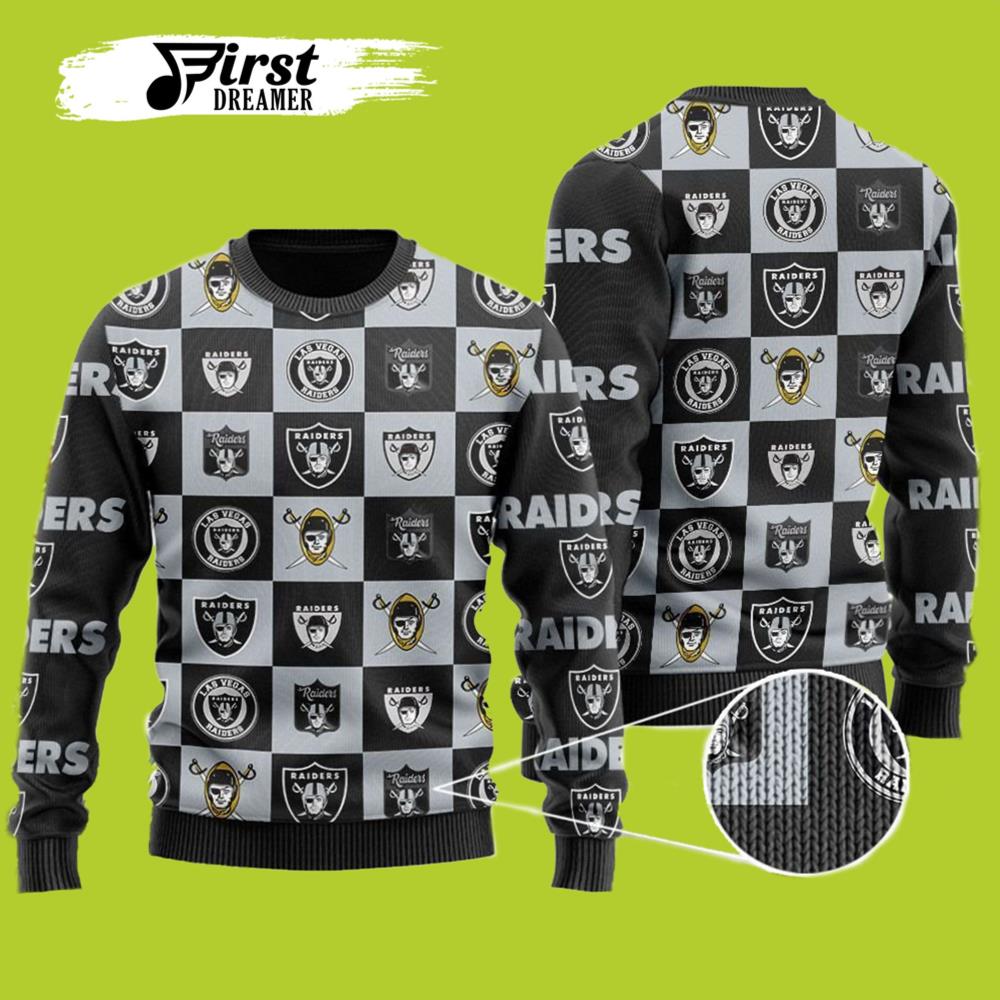 Raiders Ugly Christmas Sweater Logo Checkered Flannel Design – Best Christmas Gifts 2023