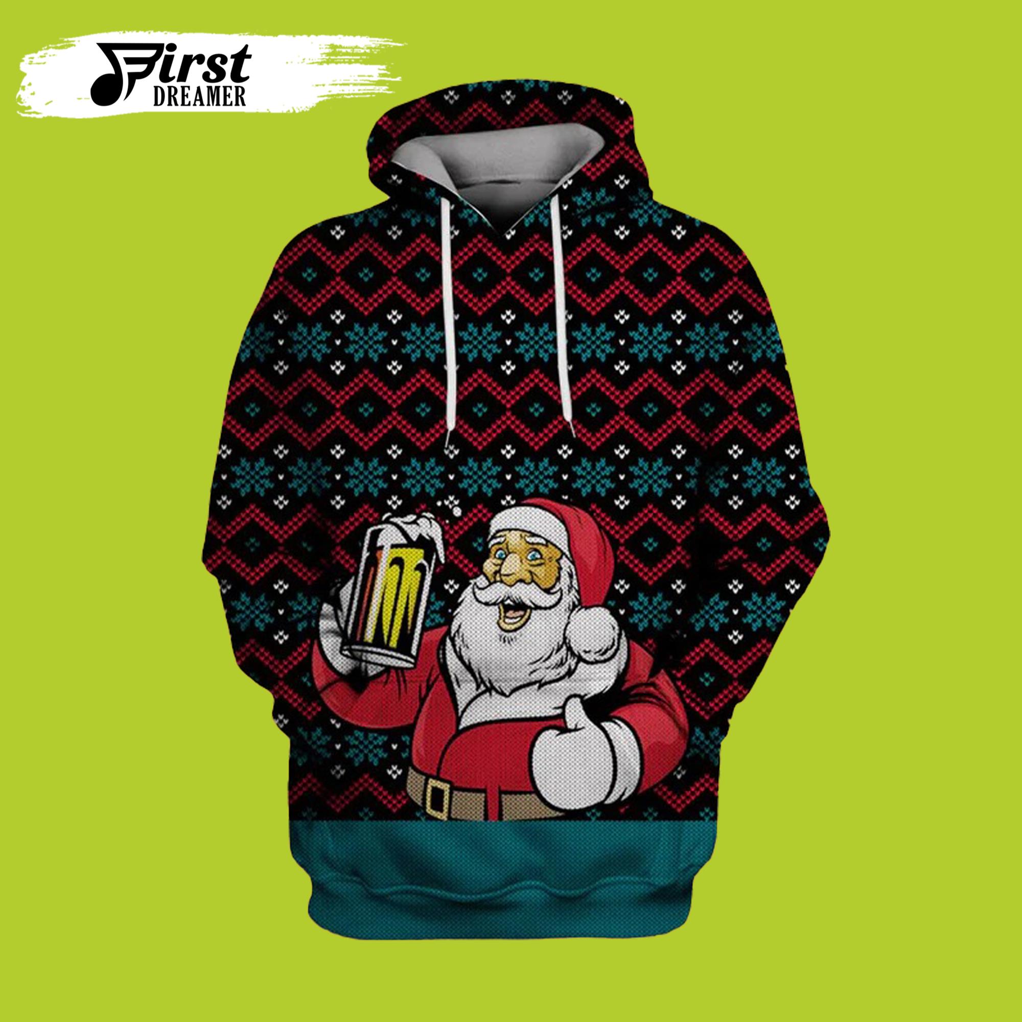 Santa Claus Drinking Beer On Christmas 3D Beer Hoodies