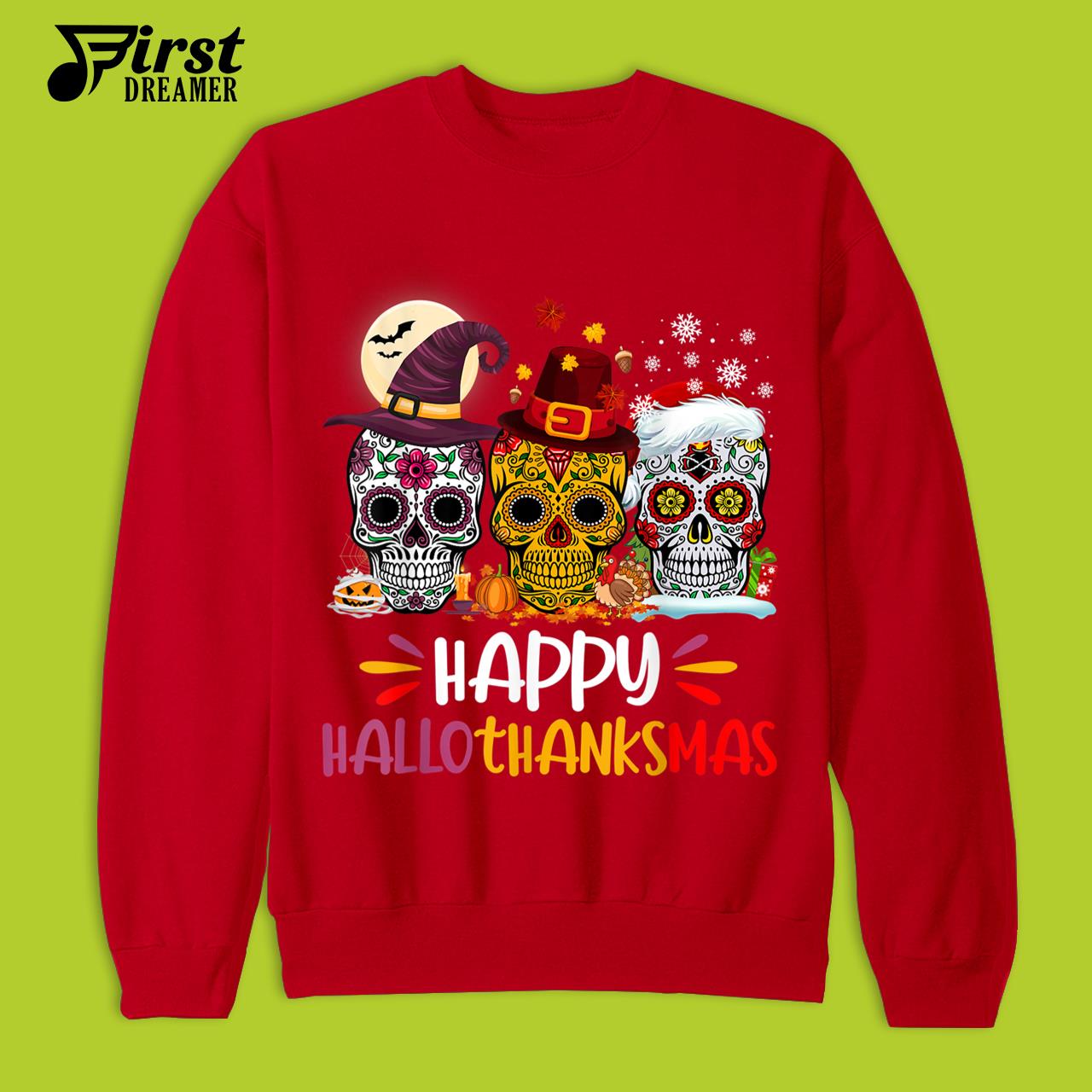 Sugar Skull Hallothankmas Halloween Thanksgiving Christmas T-Shirt