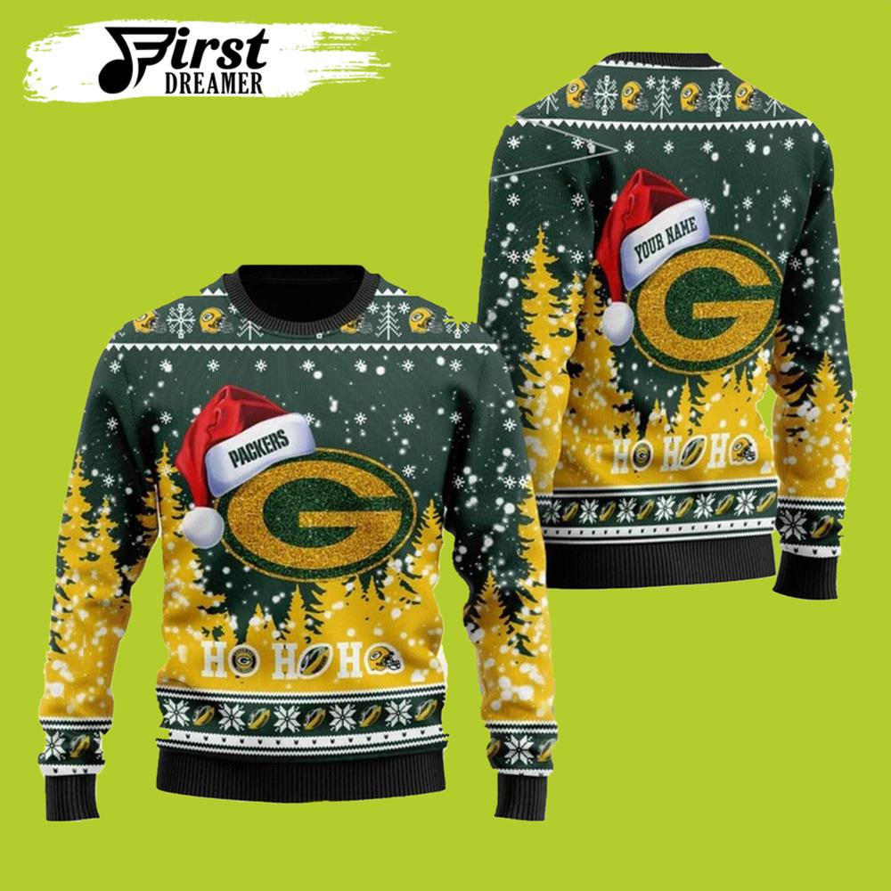 Symbol Wearing Santa Claus Hat Ho Ho Ho Custom Personalized Green Bay Packers Ugly Christmas Sweater- Best Christmas Gifts 2023