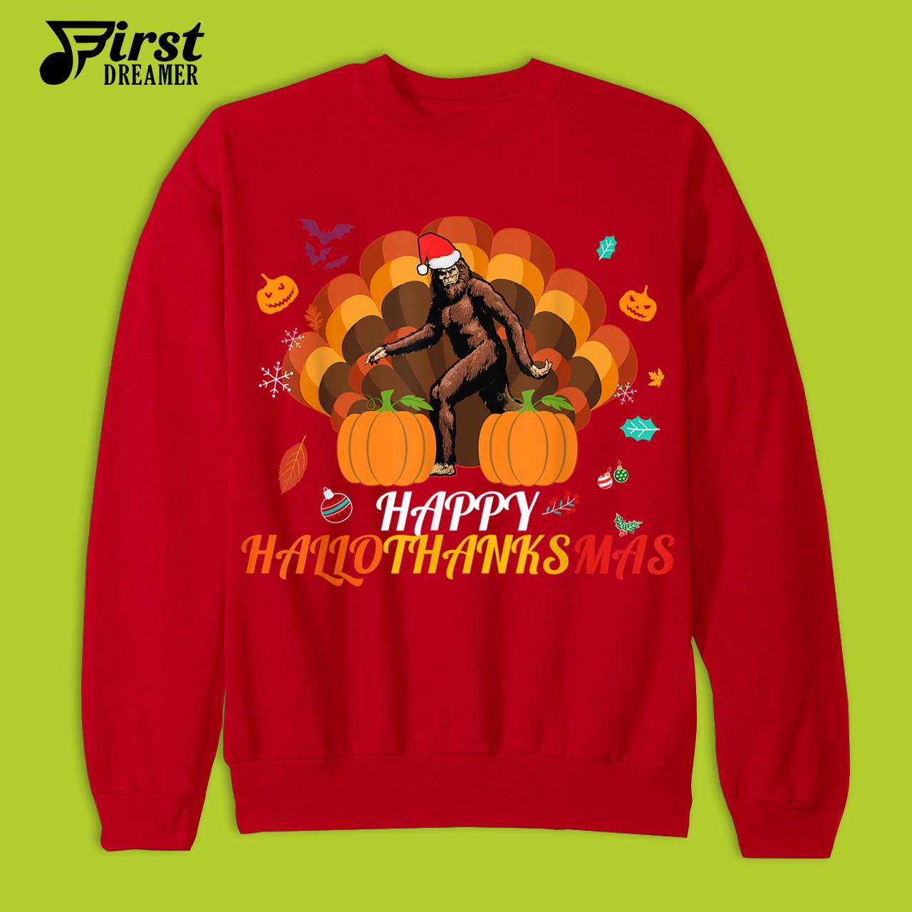 Th Hallothanksmas Bigfoot Halloween Thanksgiving Christmas T-Shirt