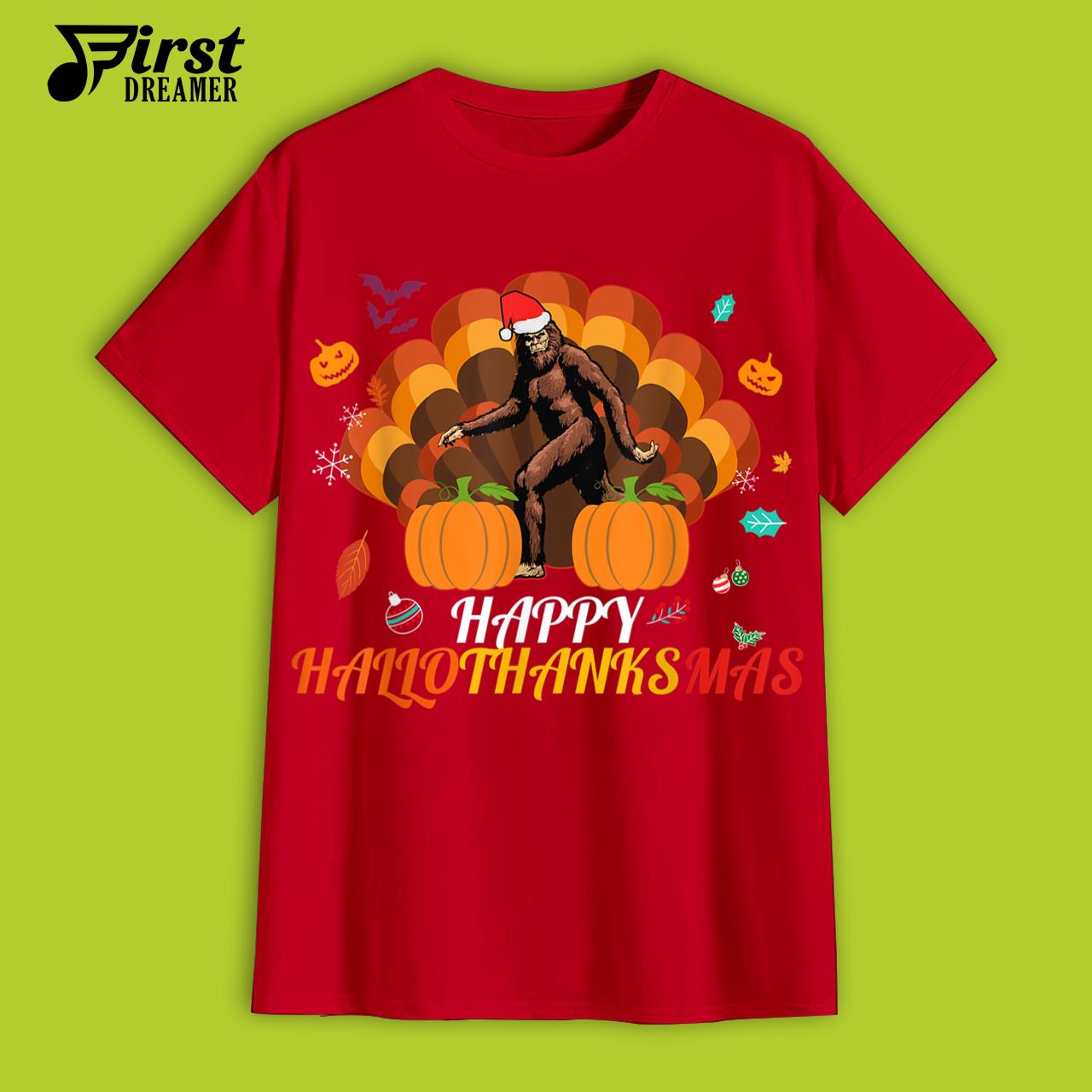 Th Hallothanksmas Bigfoot Halloween Thanksgiving Christmas T-Shirt