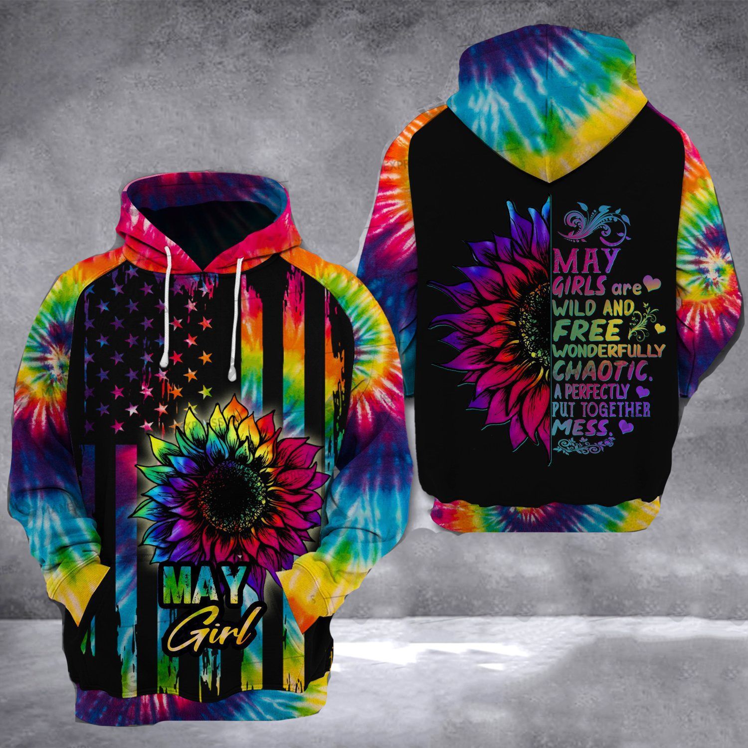 Tie dye sunflower flag May girl CHAOTIC all over 3D Hoodie