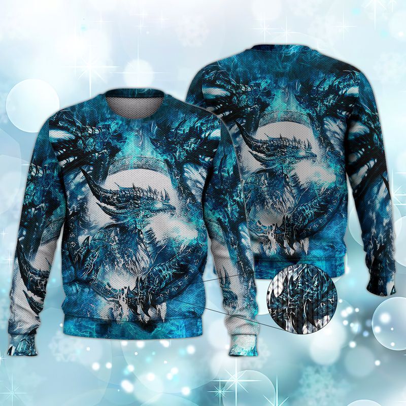 Unisex Printed Blue Fire Flame Dragon Ugly Christmas Sweater- Best Christmas Gifts 2023