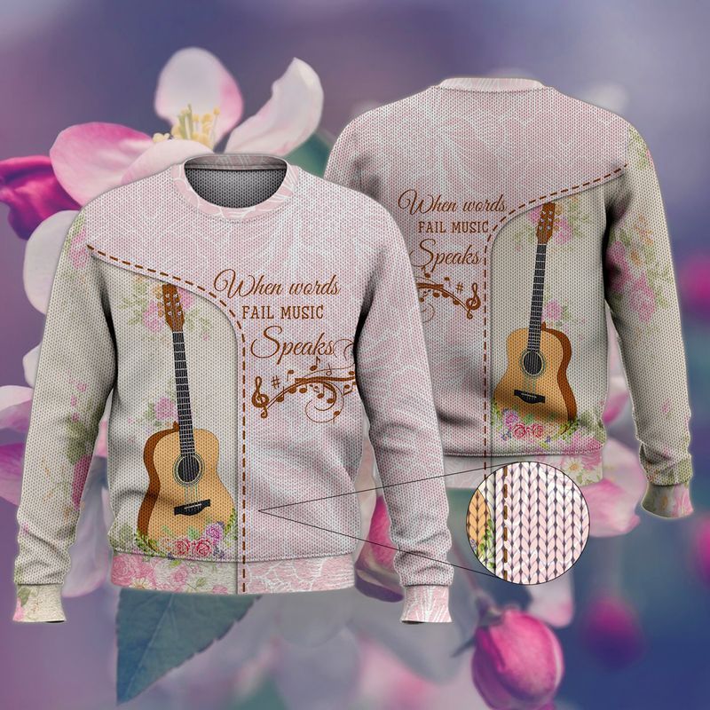 When Words Fail Music Speaks Guitar Pink Ugly Christmas Sweater- Best Christmas Gifts 2023