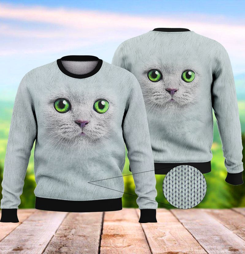 White Cat With Green Eyes Ugly Christmas Sweater- Best Christmas Gifts 2023